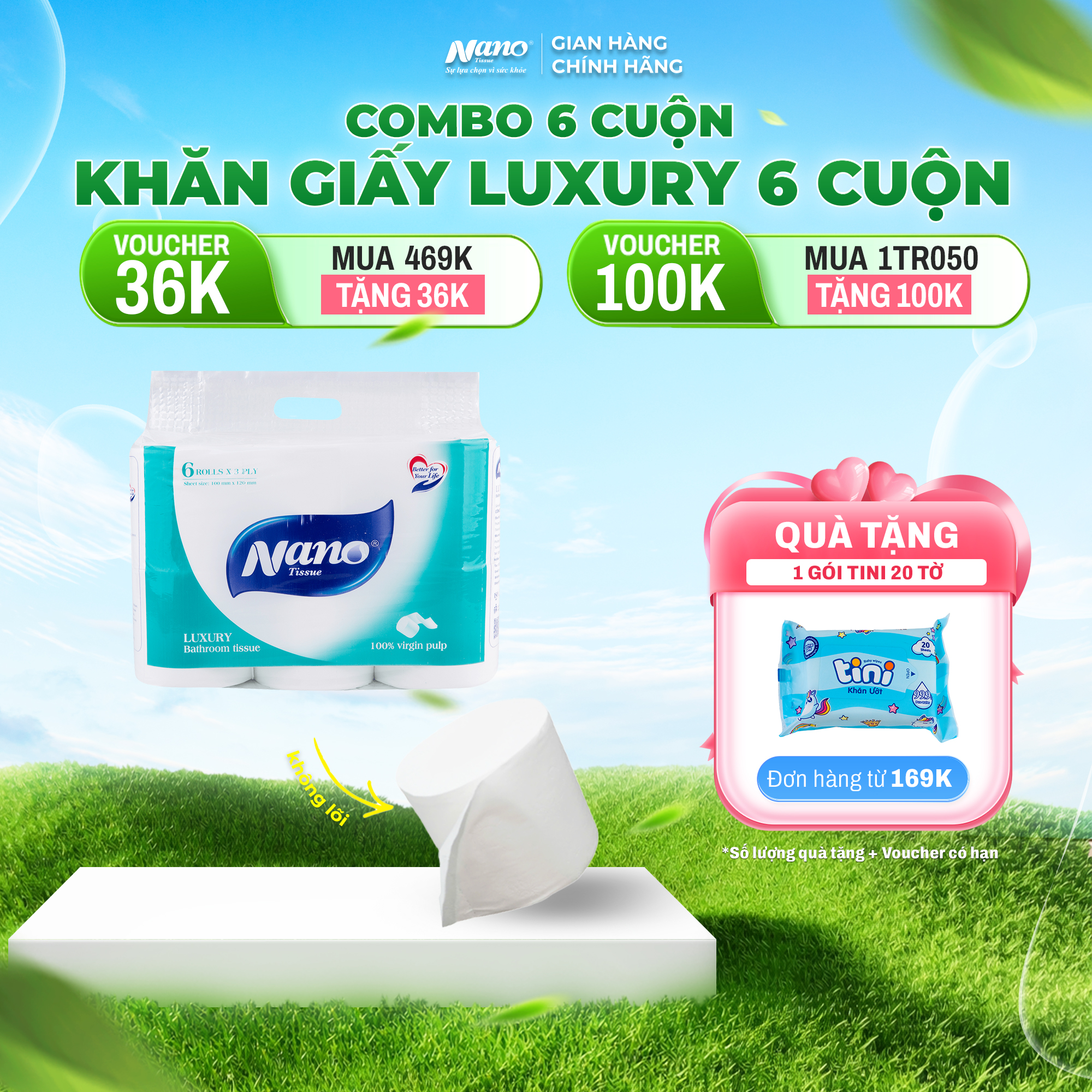 Giấy vệ sinh Luxury không lõi 6 cuộn